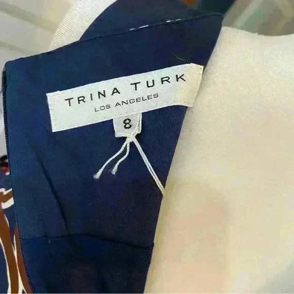Trina Turk Sleeveless Shift Midi Dress Size 8 Navy Pink Abstract Career Shower - Picture 6 of 13